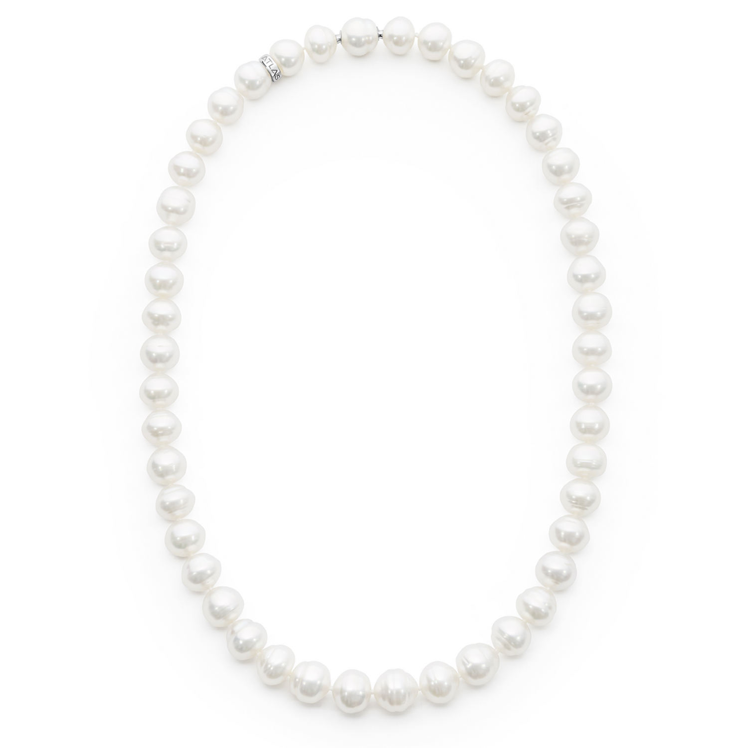 "Circle South Sea pearl strand featuring 46 white pearls (11.2 x 10mm). Finished with a 925 silver Nittle and rondel, this 47cm strand showcases the elegance and craftsmanship of sustainably sourced pearls from Atlas Pearls’ Indonesian farms.