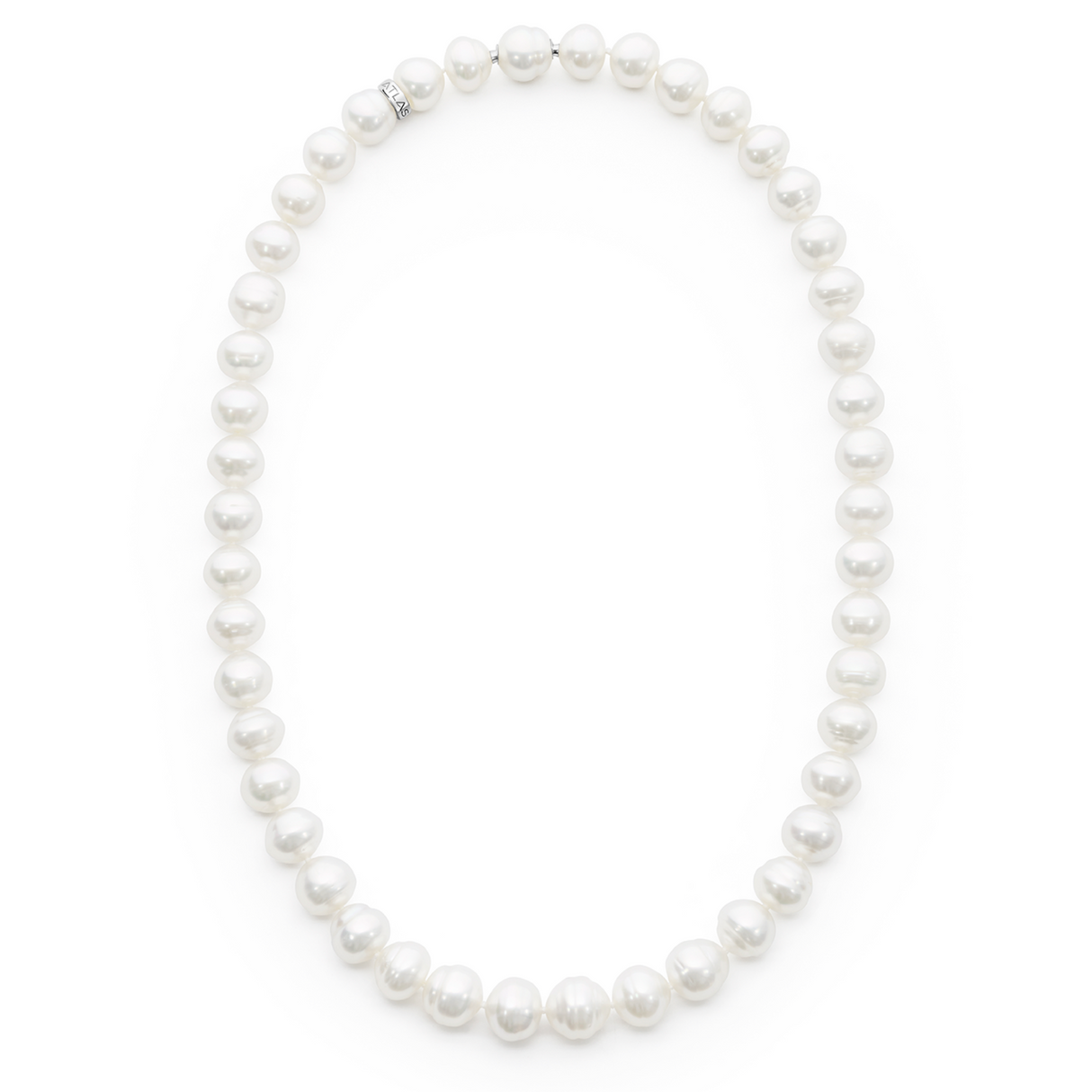 "Circle South Sea pearl strand featuring 46 white pearls (11.2 x 10mm). Finished with a 925 silver Nittle and rondel, this 47cm strand showcases the elegance and craftsmanship of sustainably sourced pearls from Atlas Pearls’ Indonesian farms.