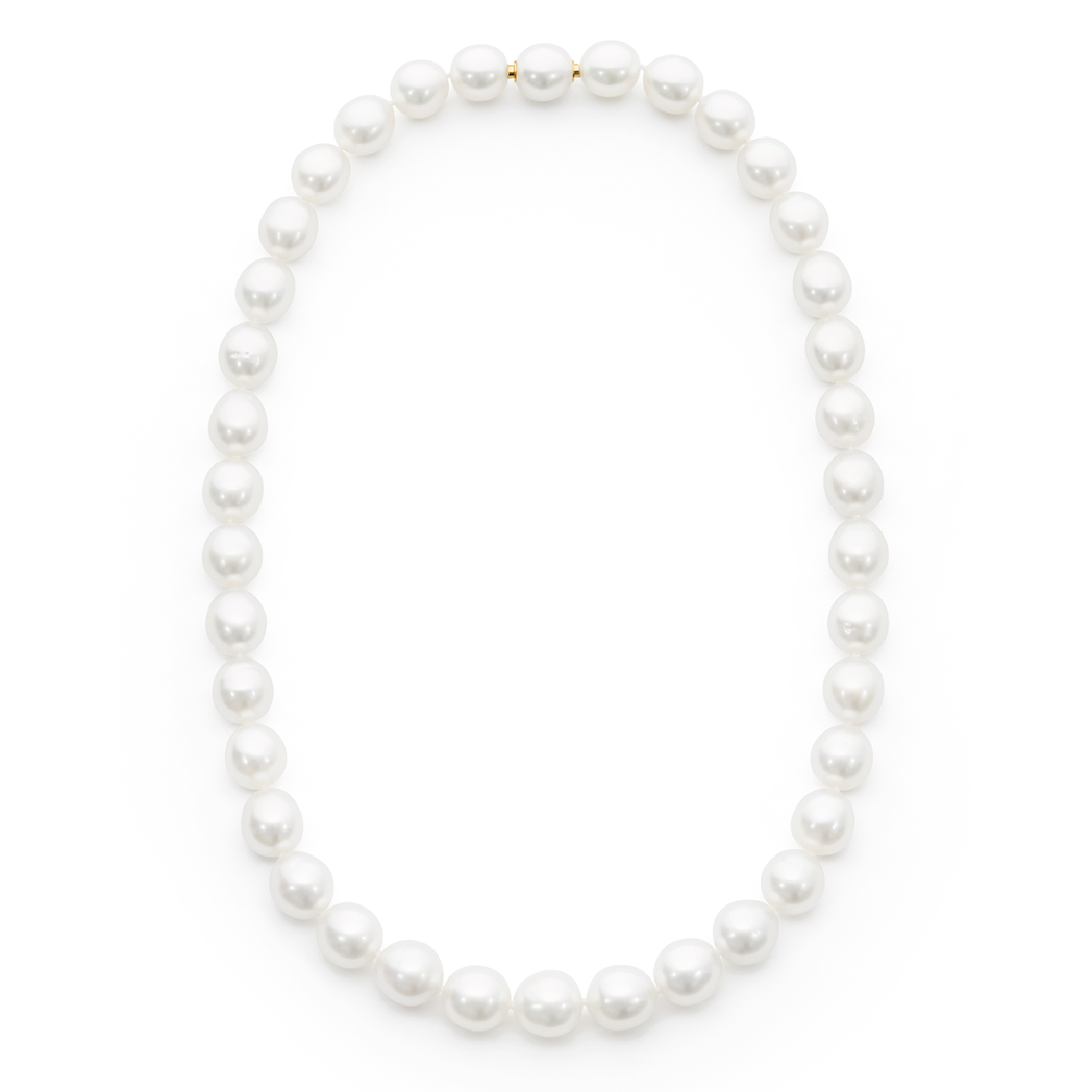 Exquisite Necklace-shaped South Sea pearl strand featuring 38 white pearls (11.1 x 10mm). Handcrafted from sustainably sourced pearls from Atlas Pearls' Indonesian farms, this 45cm strand is finished with an 18K yellow gold Nittle clasp, embodying 30 years of excellence.