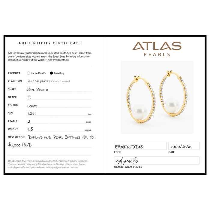 Atlas Pearls filled in authenticity certificate with pearl earrings on a white background