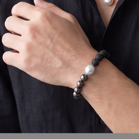 Hematite Grey and Black Volcanic Beaded Bracelet 9K WG