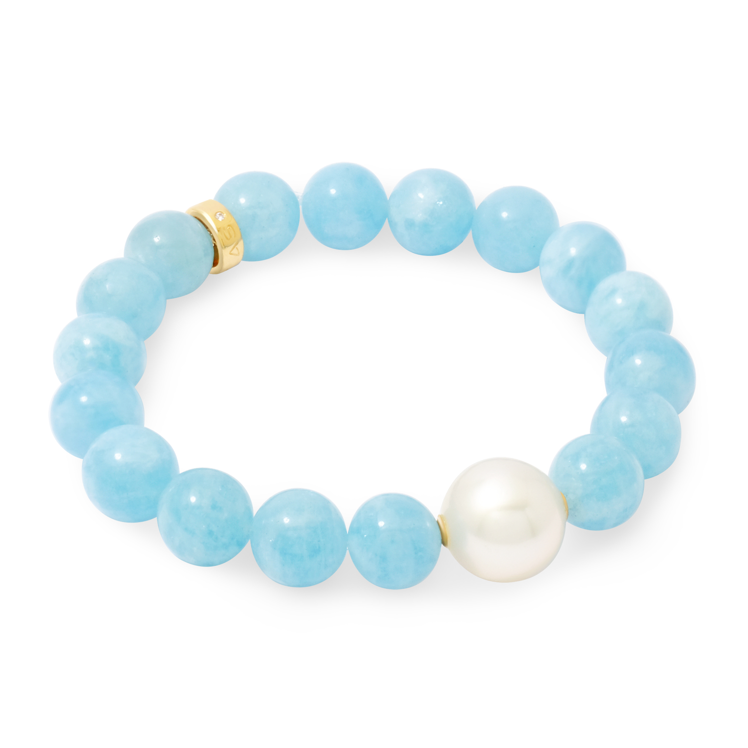 Blue beaded bracelet with a gold accent and a white pearl on a white background