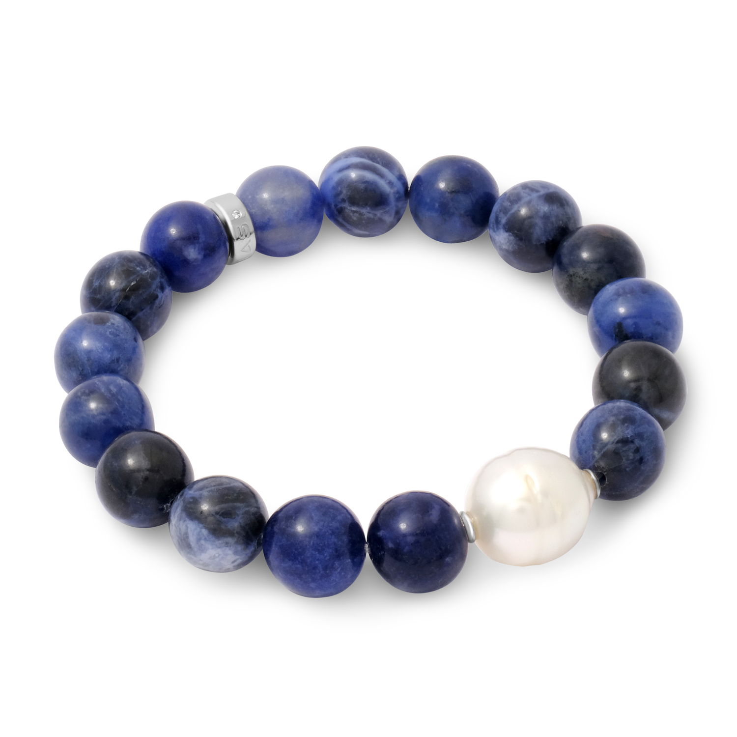 Beaded bracelet with blue beads and a white pearl on a white background