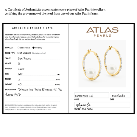Atlas Pearls filled in authenticity certificate with pearl earrings on a white background