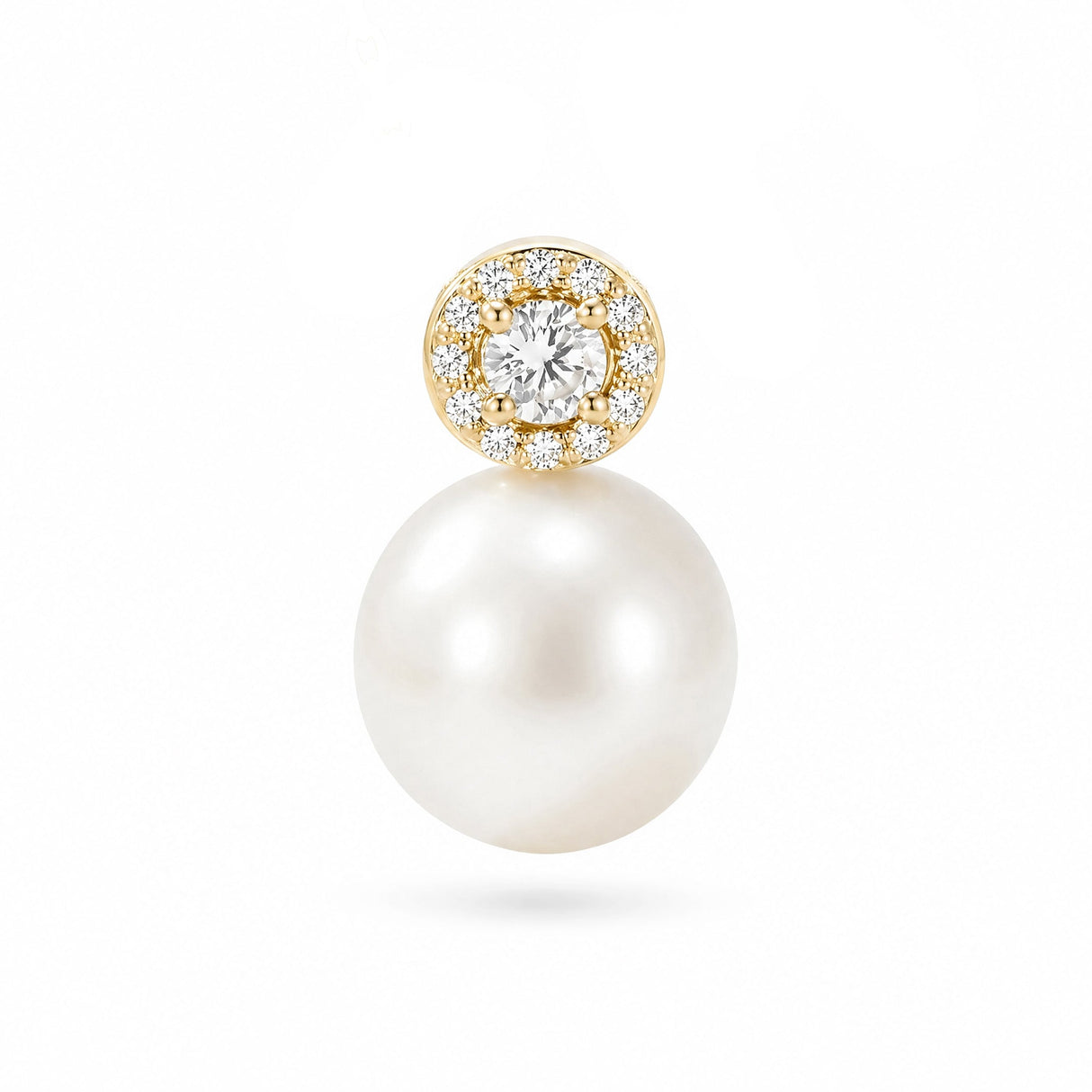 Pearl earring with gold and diamond clasp on a white background