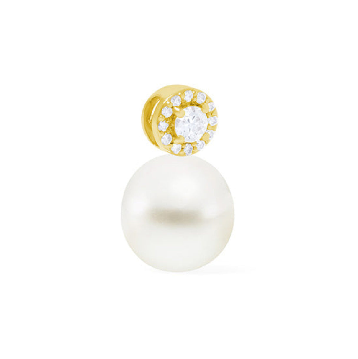 18K yellow gold pendant featuring a 12mm white South Sea pearl, accentuated by 0.37ct of diamonds. Inspired by the concept of 'Citra,' meaning image or aura, this pendant embodies timeless sophistication and elegance, measuring 2cm in size.