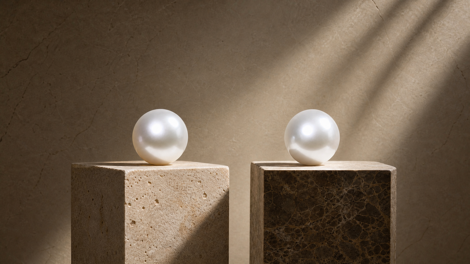 Two pearls on stone pedestals with a warm, textured background