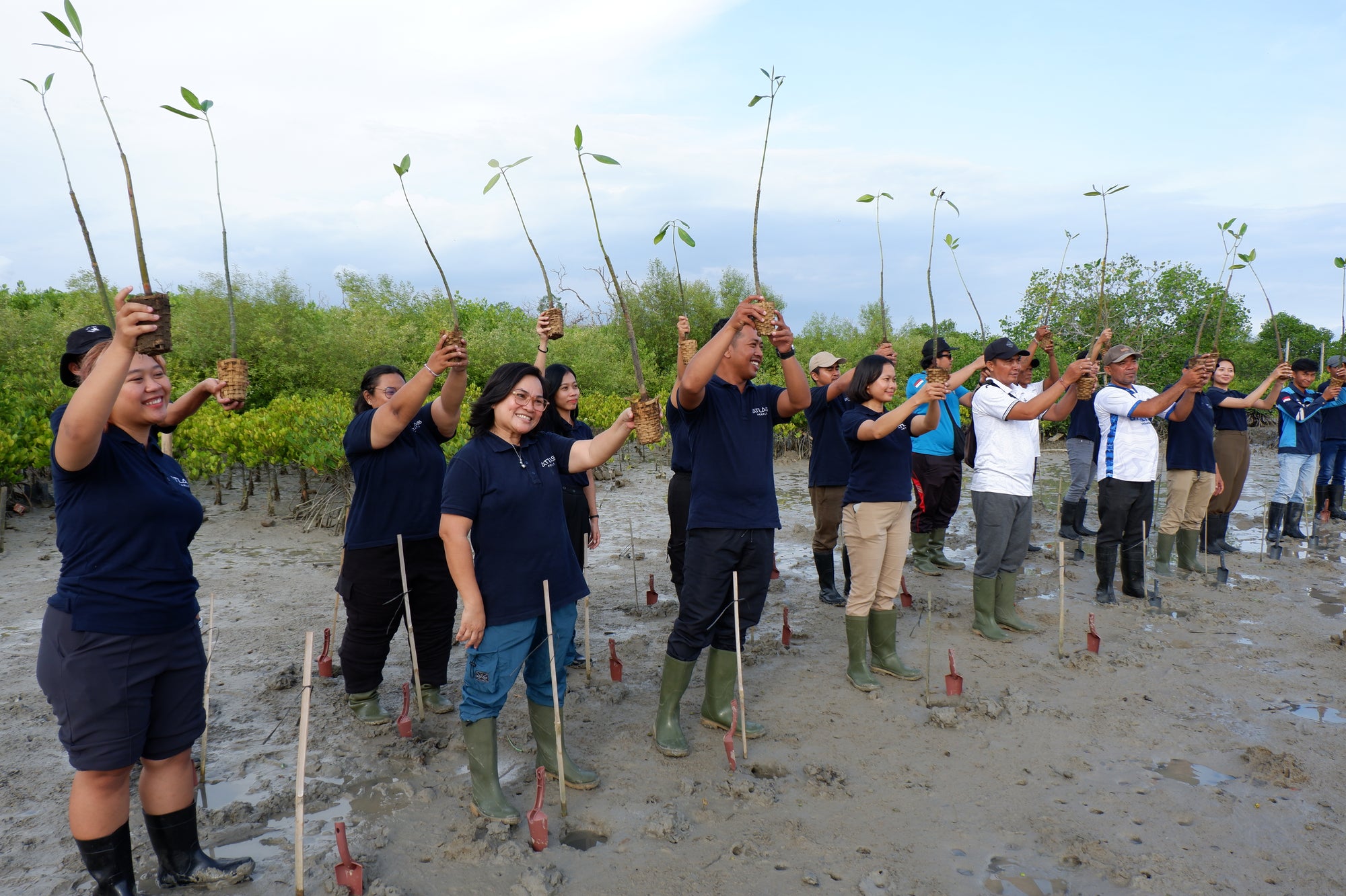 Group of people participating in a tree planting activity on a beach.