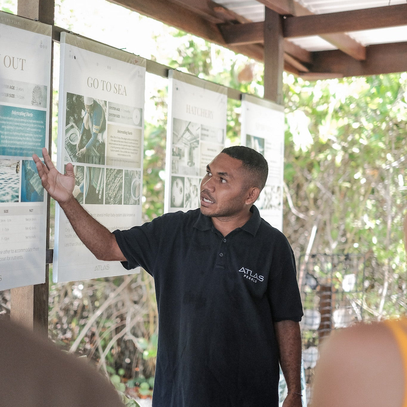 Man in a black shirt pointing at an informational board outdoors