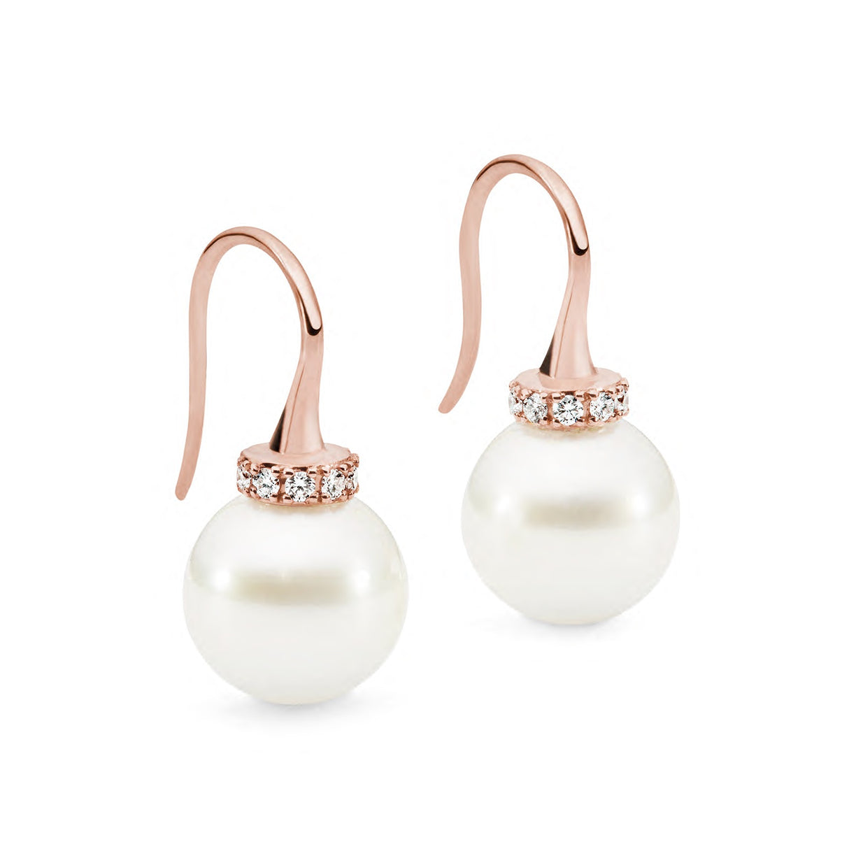 These 18K Rose Gold shepherd hook earrings feature 10mm South Sea pearls and 0.15ct diamonds. The design is available in 18K White, Yellow, and Rose Gold. The total height of the earrings is 25mm, creating an elegant and timeless look. You can also find the matching pendant for a complete set.