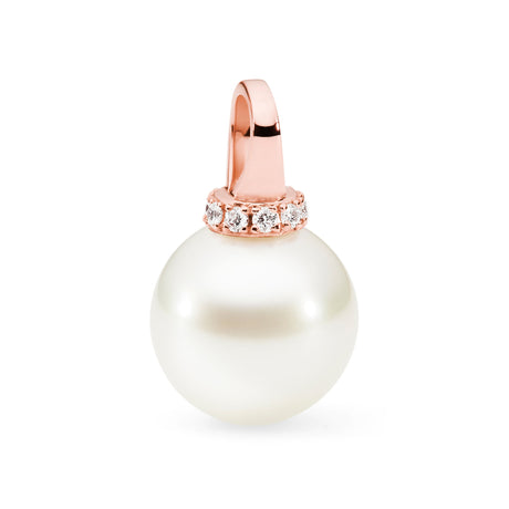 This pendant features 18K rose gold with a modern looped design, accented by a white 11mm South Sea pearl. It is enhanced with 0.10ct of diamonds. The design is available in 18K white, yellow, and rose gold. Chains are sold separately, and matching earrings are also available.