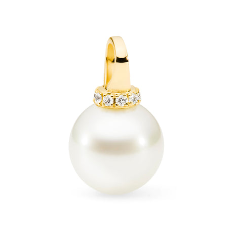 This pendant features 18K yellow gold with a modern looped design, accented by a white 11mm South Sea pearl. It is enhanced with 0.10ct of diamonds. The design is available in 18K white, yellow, and rose gold. Chains are sold separately, and matching earrings are also available.