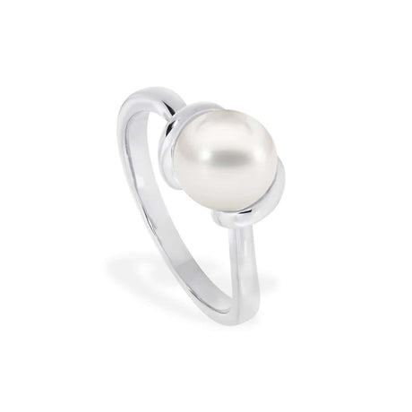 This 925 sterling silver ring features an embraced design with an 8mm round South Sea pearl. The pearl is white, and the ring is available in US sizes 5.5, 7, and 7.5. There are no additional stones included in the design.