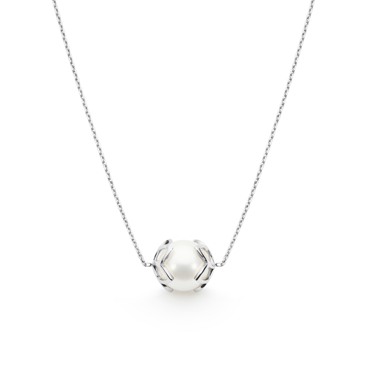 This necklace features 9mm semi-round South Sea pearls set in 18K white gold frangipani cups. The adjustable 50cm chain can be worn at lengths of 47.5cm, 45cm, or 42.5cm, making it versatile for different occasions. It combines timeless elegance with the harmony of nature, perfect for various styling preferences.