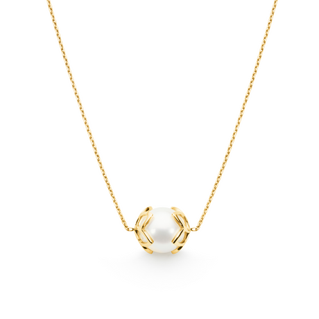 This necklace features 9mm semi-round South Sea pearls set in 18K yellow gold frangipani cups. The adjustable 50cm chain can be worn at lengths of 47.5cm, 45cm, or 42.5cm, making it versatile for different occasions. It combines timeless elegance with the harmony of nature, perfect for various styling preferences.