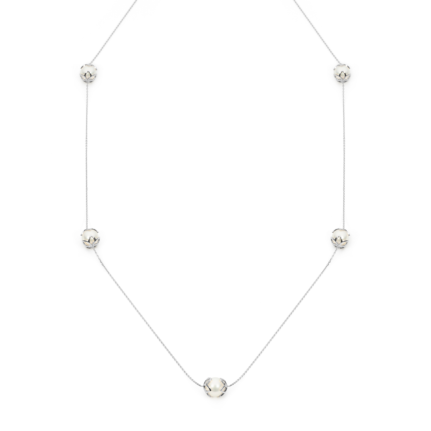 This station necklace features five 9mm semi-round South Sea pearls set in 18K white gold frangipani cups. The 90cm chain is adjustable to 80cm, offering flexibility for various looks. Perfect for adding elegance and sophistication to any ensemble.