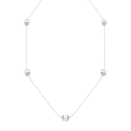 This station necklace features five 9mm semi-round South Sea pearls set in 18K white gold frangipani cups. The 90cm chain is adjustable to 80cm, offering flexibility for various looks. Perfect for adding elegance and sophistication to any ensemble.