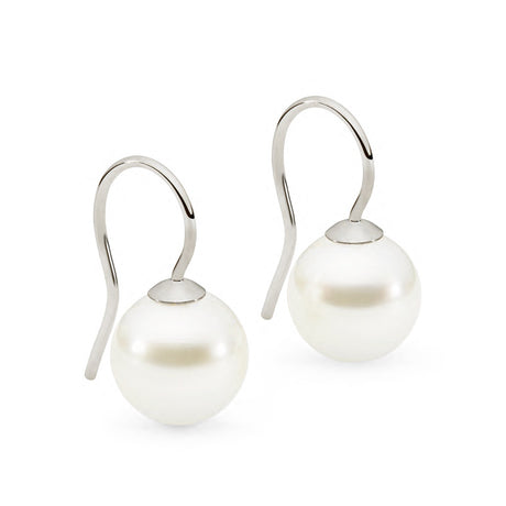 This simple, fixed South Sea pearl shepherd hook earring sits close to the ear, featuring a 9mm white South Sea pearl, graded B. It is available in 18K White, Yellow, and Rose Gold. The total dimensions, including the pearl and bail, are 19mm.