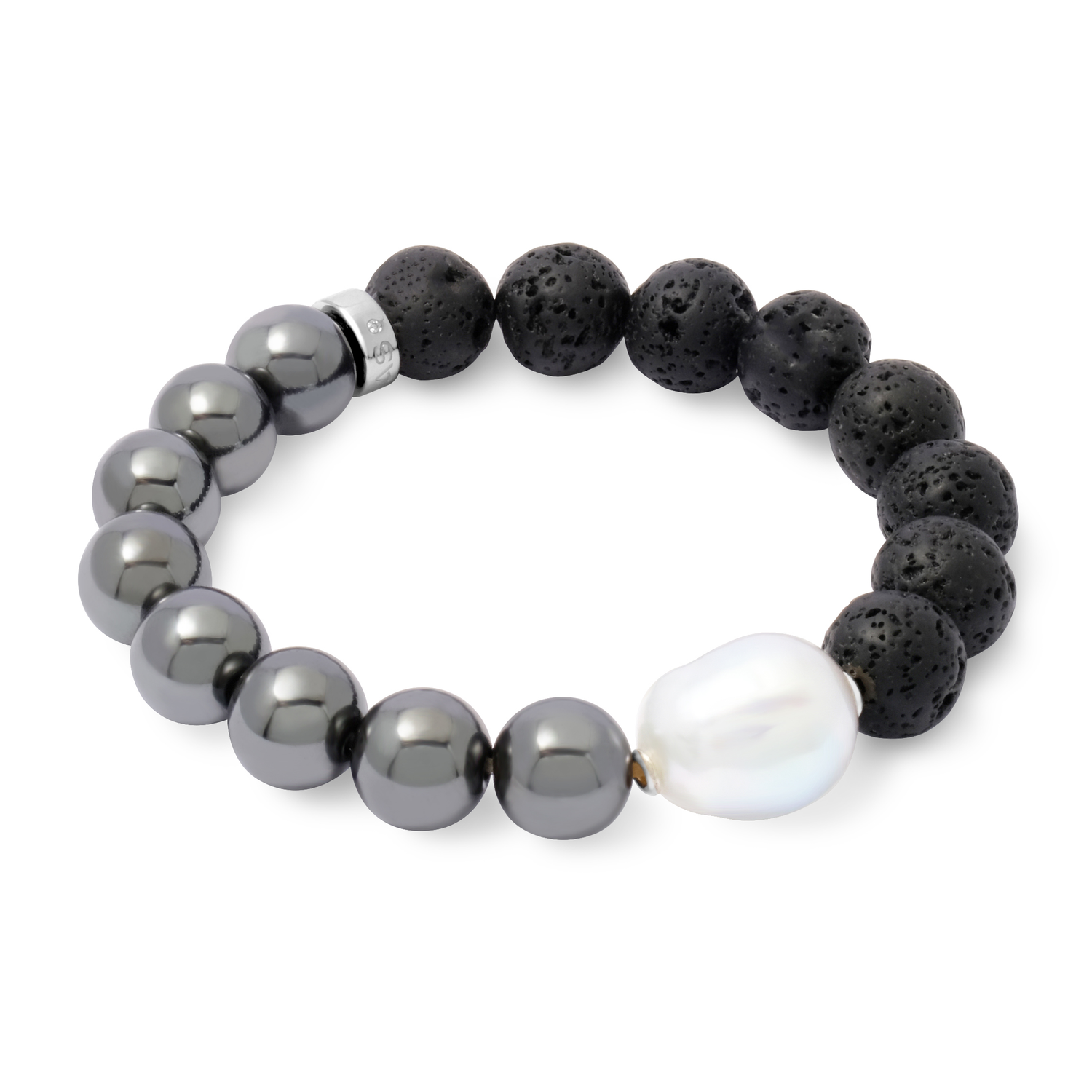 Bracelet with black, gray, and silver white pearl on a white background