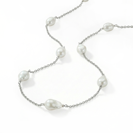 Pearl necklace with silver chain on a white background