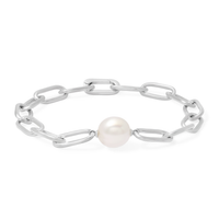 Silver chain bracelet with a pearl on a white background