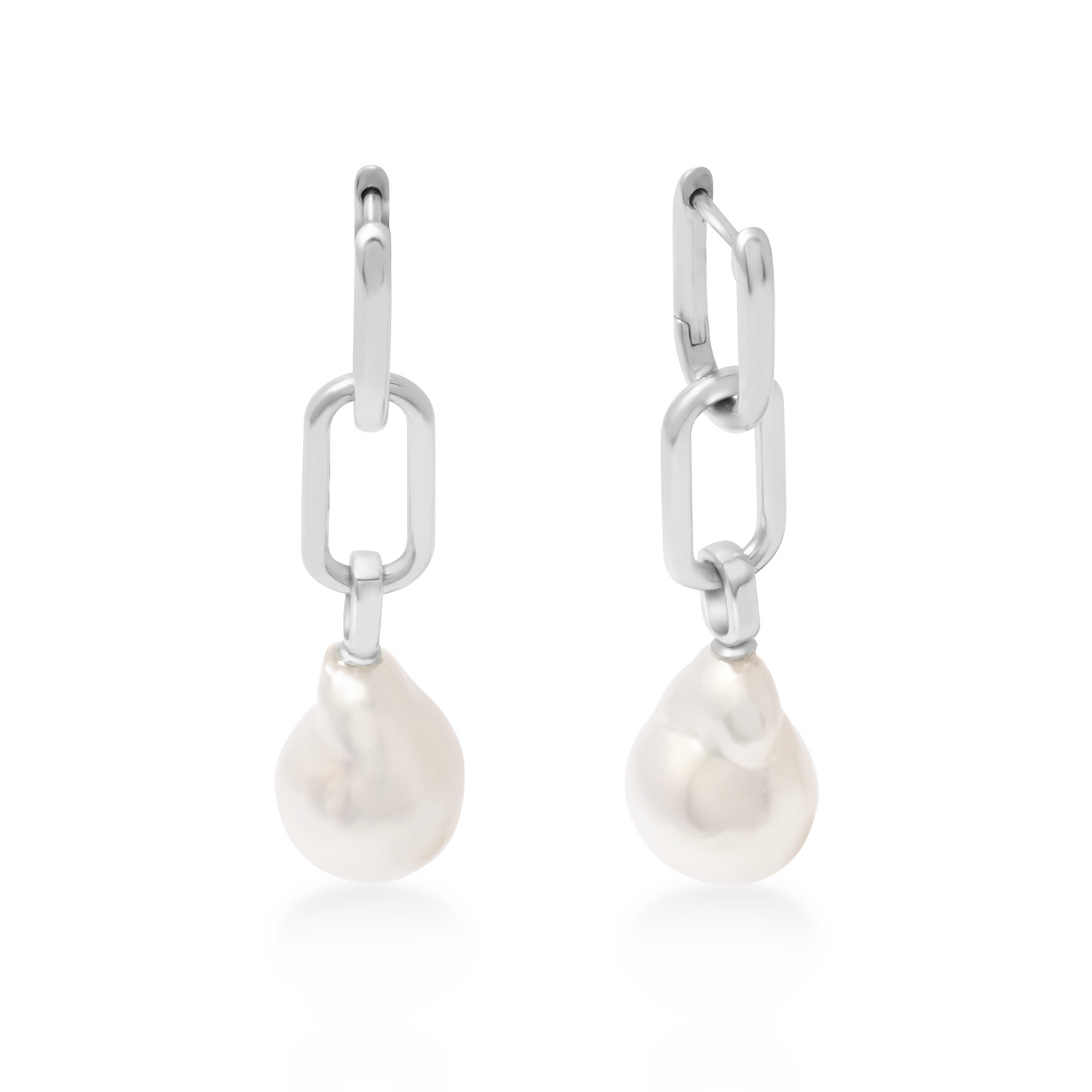 Pearl drop earrings with silver hooks on a white background