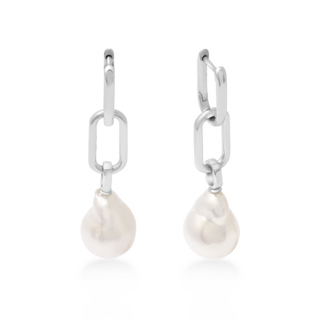Pearl drop earrings with silver hooks on a white background