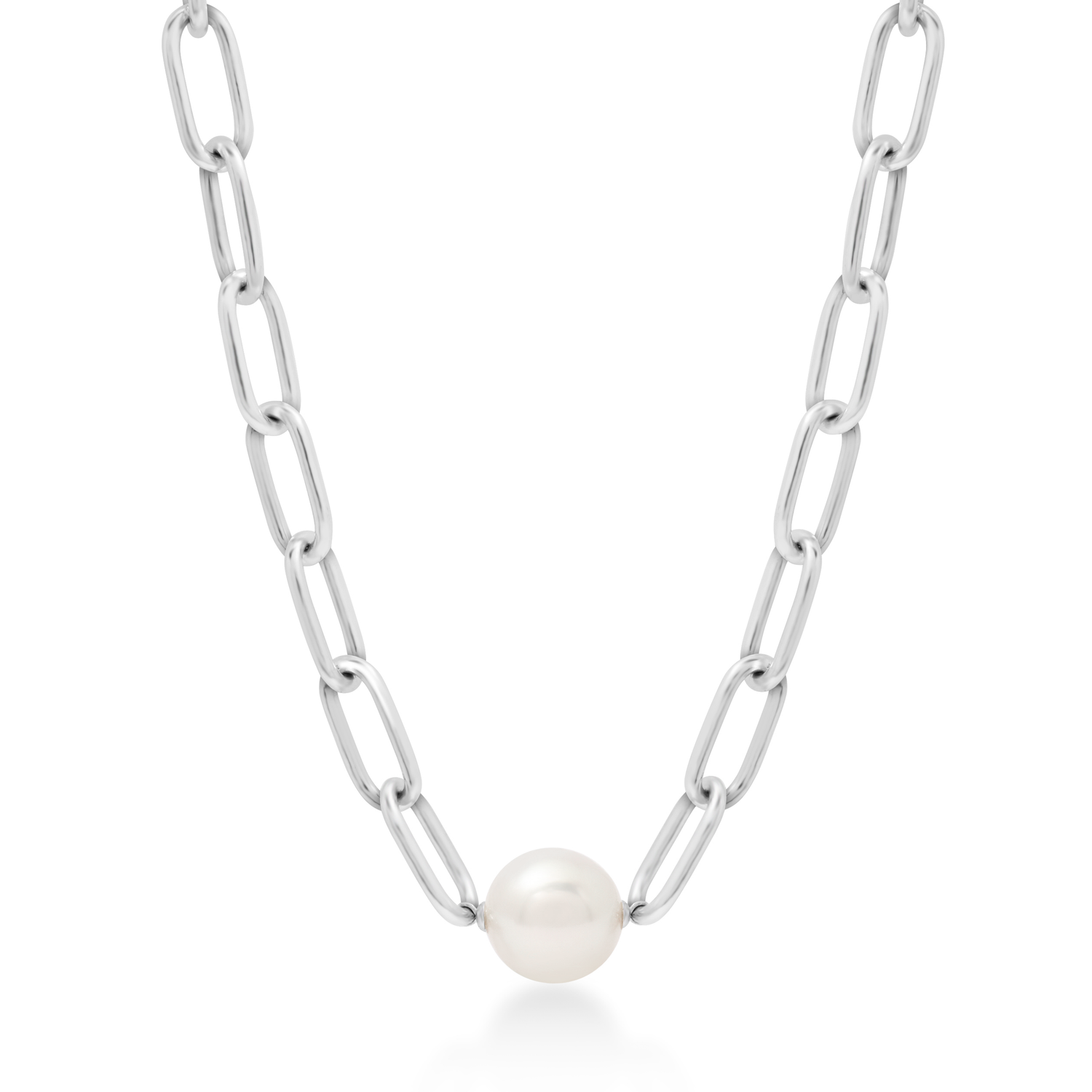 Silver chain necklace with a pearl pendant on a white background