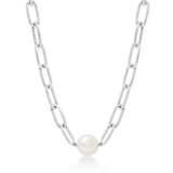 Silver chain necklace with a pearl pendant on a white background