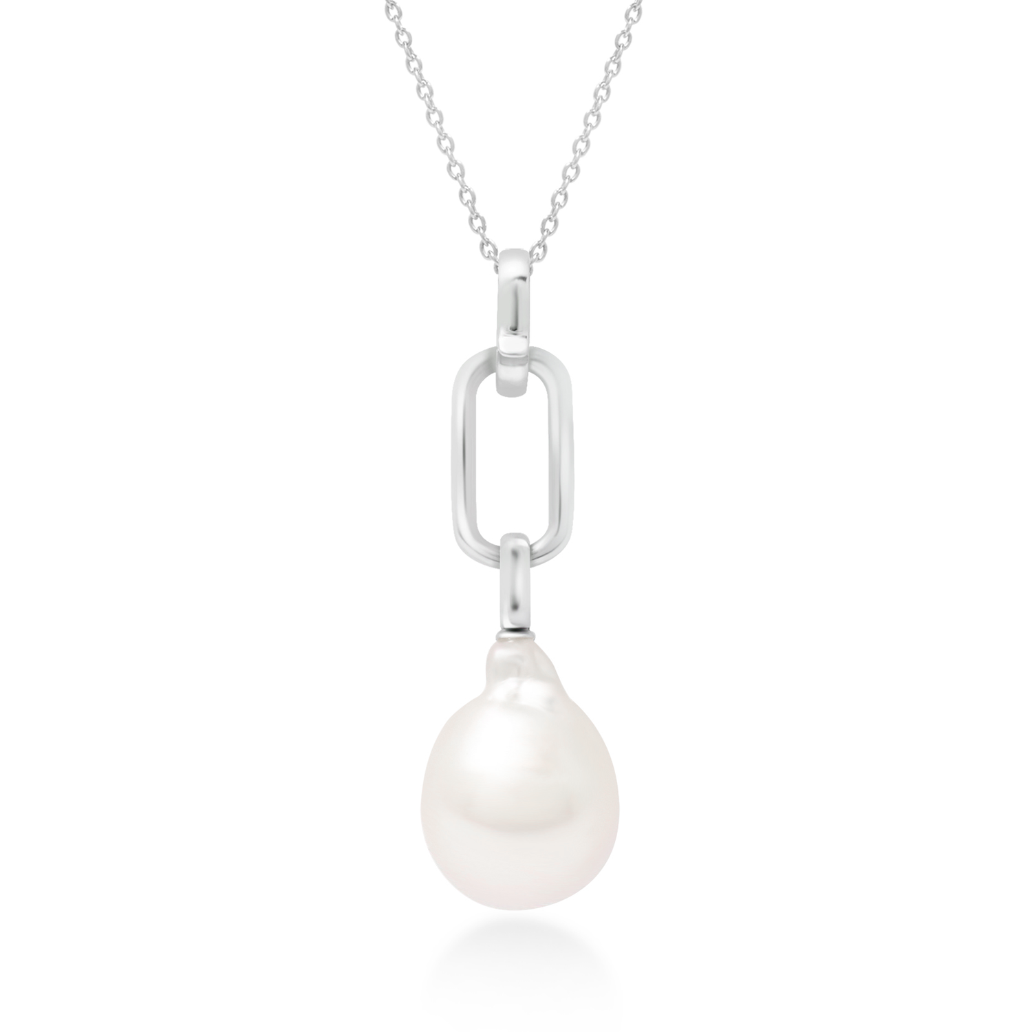 Pearl necklace with silver chain on a white background