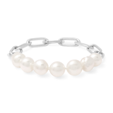 Pearl bracelet with silver chain links on a white background