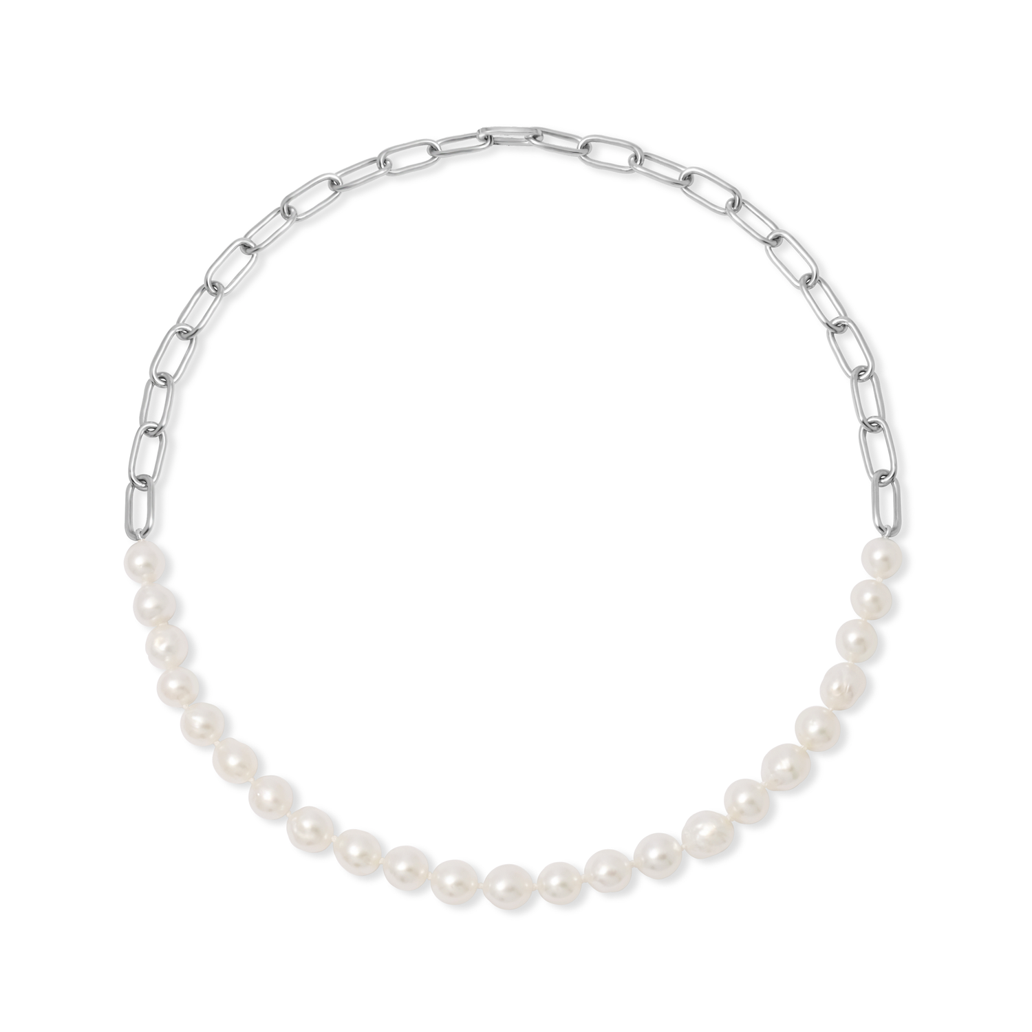 Pearl necklace with silver chain on a white background