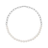 Pearl necklace with silver chain on a white background