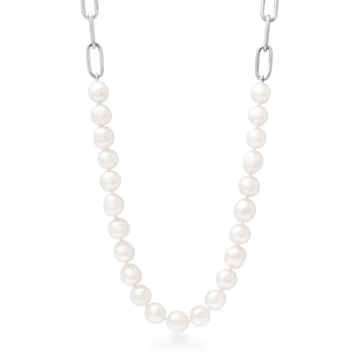 Pearl necklace with silver chain on a white background