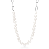 Pearl necklace with silver chain on a white background