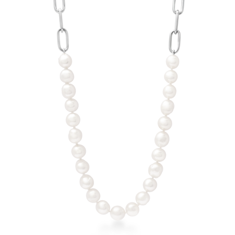 Pearl necklace with silver chain on a white background