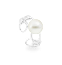 A ring with a white South Sea pearl centerpiece and interlocking band details, set in 925 sterling silver.