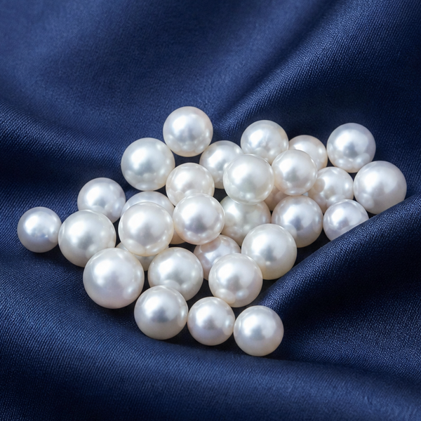 Pearls on a dark blue fabric background