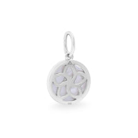 A round silver pendant with a mother of pearl shell design, suspended with a loop on one side.