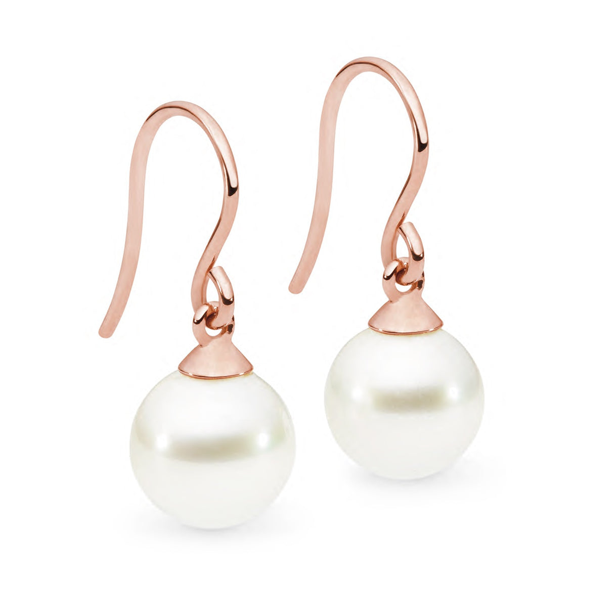 These classic and simple 18K Rose Gold articulated shepherd hook earrings feature 9mm white South Sea pearls, graded B. They are available in 18K White, Yellow, and Rose Gold, with a total height of 23mm. The design is sleek and timeless, making it a versatile addition to any collection.