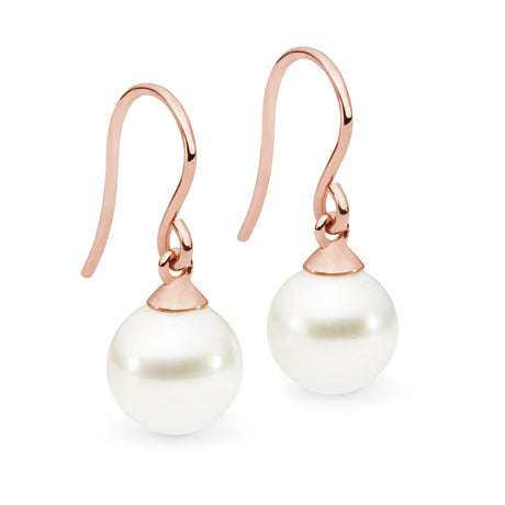 These classic and simple 18K Rose Gold articulated shepherd hook earrings feature 9mm white South Sea pearls, graded B. They are available in 18K White, Yellow, and Rose Gold, with a total height of 23mm. The design is sleek and timeless, making it a versatile addition to any collection.