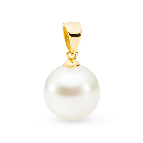 The 18K Yellow Gold and South Sea pearl articulated pendant features a white 11mm South Sea pearl with a B-grade. This design is available in 18K White, Yellow, and Rose Gold, with dimensions of 20mm high, including the bail and pearl. Chains are sold separately.