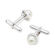 These sterling silver cufflinks feature an 8mm round South Sea pearl in a circular setting. The pearls are white and graded as "C."