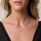 Pearl necklace worn by a person with a neutral background