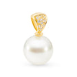 This pendant features a delicate 18K yellow gold design with pavé-set diamonds surrounding an 11mm South Sea semi-round pearl. The pearl has a B2 grade and white color. Available in 18K white, yellow, and rose gold, this piece has a total height of 20mm. Chains are sold separately.