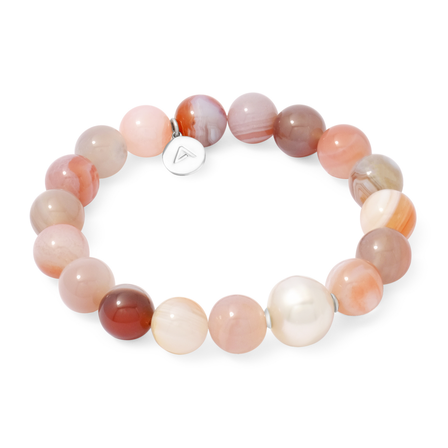 Beaded bracelet with pink beads and a white pearl on a white background