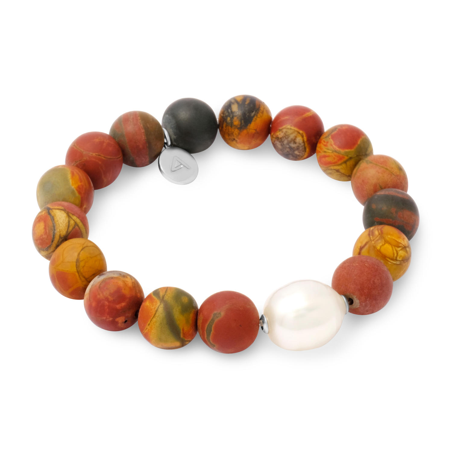 Beaded bracelet with orange red and black beads and a white pearl on a white background