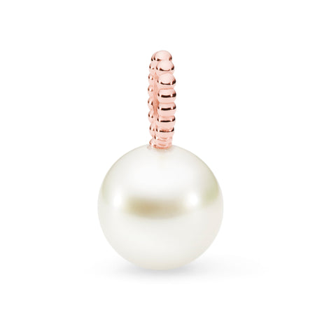 This 14K Rose Gold pendant features a 11mm NL1 South Sea pearl, inspired by a rope design. Available in White, Yellow, and Rose Gold, it does not include a chain. The dimensions are 20mm high, including the bail and pearl.







