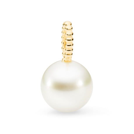 This 14K Yellow Gold pendant features a South Sea pearl with a rope-inspired design. The pearl is 11mm in size, graded B, and is white in color. The pendant's total height is 20mm, and it is available in 14K White, Yellow, and Rose Gold. The chain is sold separately.