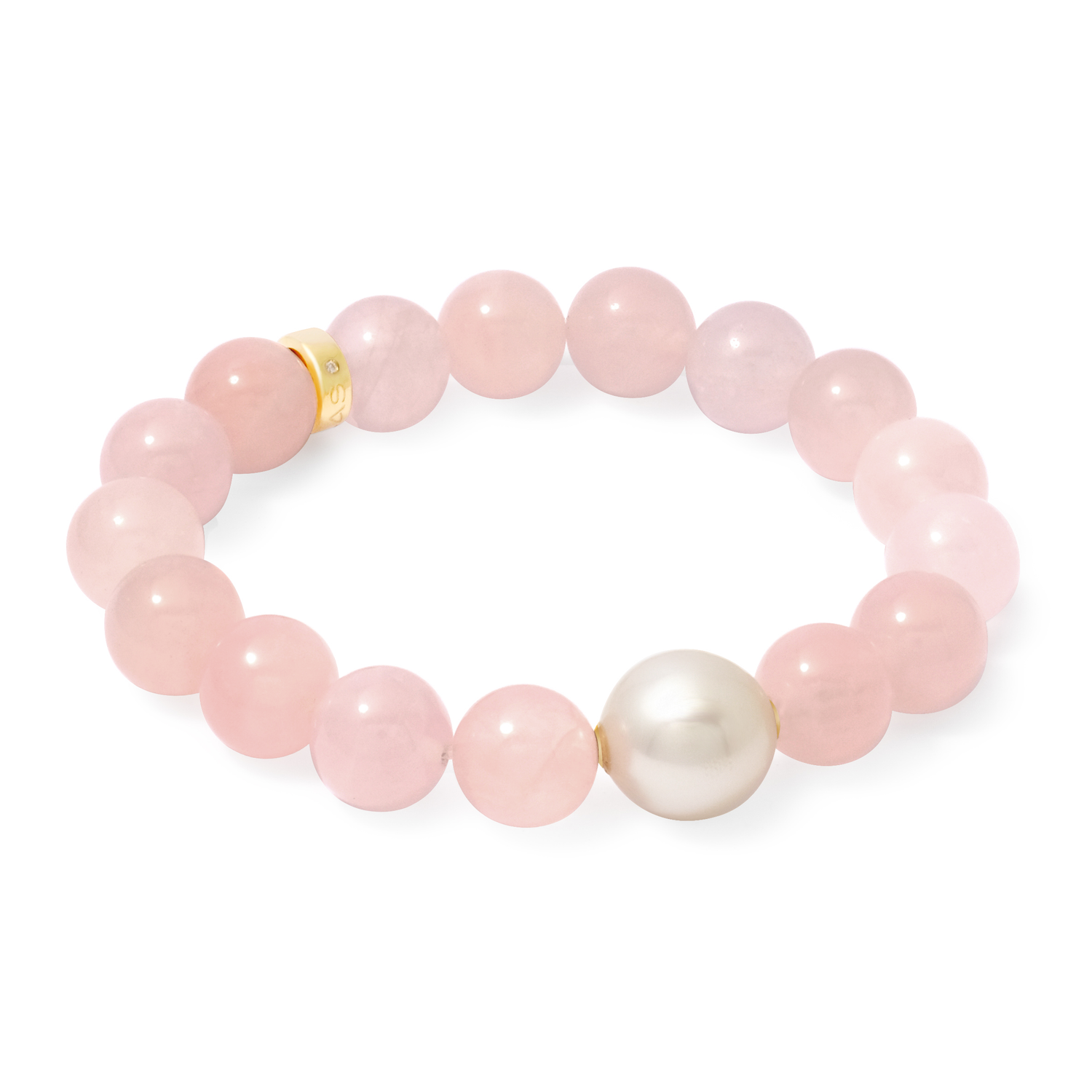 Beaded bracelet with pink beads and white pearl on a white background